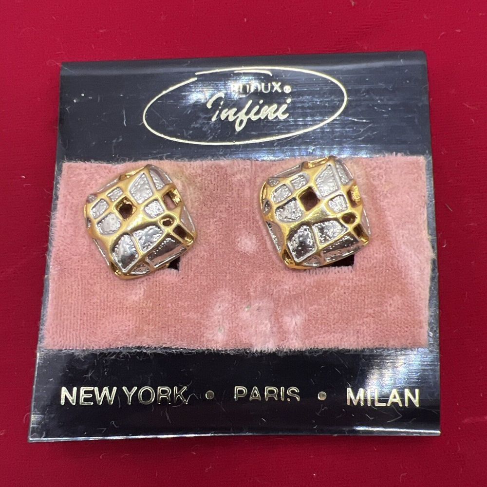 Vintage Bijoux Infini Clip On Earrings Square Costume‎ Jewelry Gold/Silver Tone
